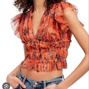 Free People Making Me Smile Orange Floral Blouse